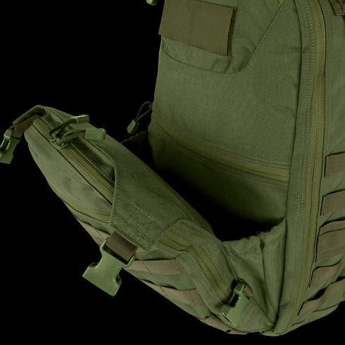A close-up of the Condor Venture Backpack 27.5L in olive green, highlighting its partially open front pocket with visible zippers and straps.